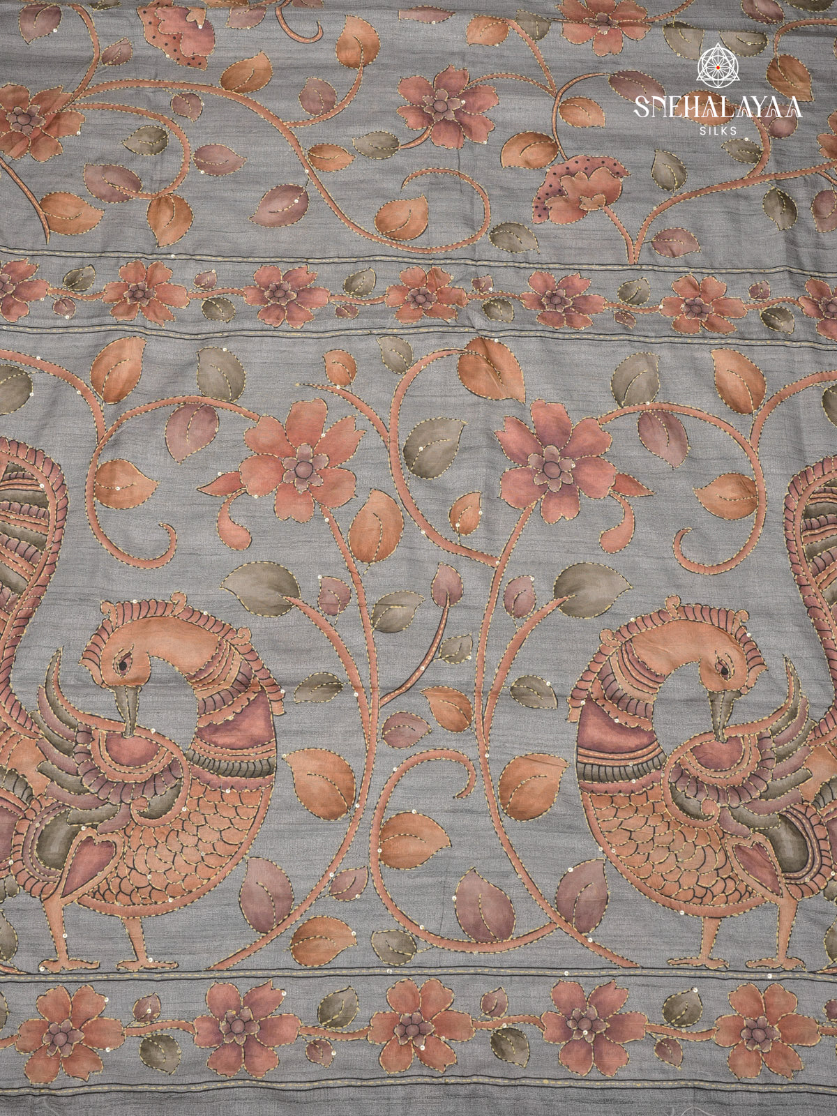 Grey Tussar Embroidery Saree