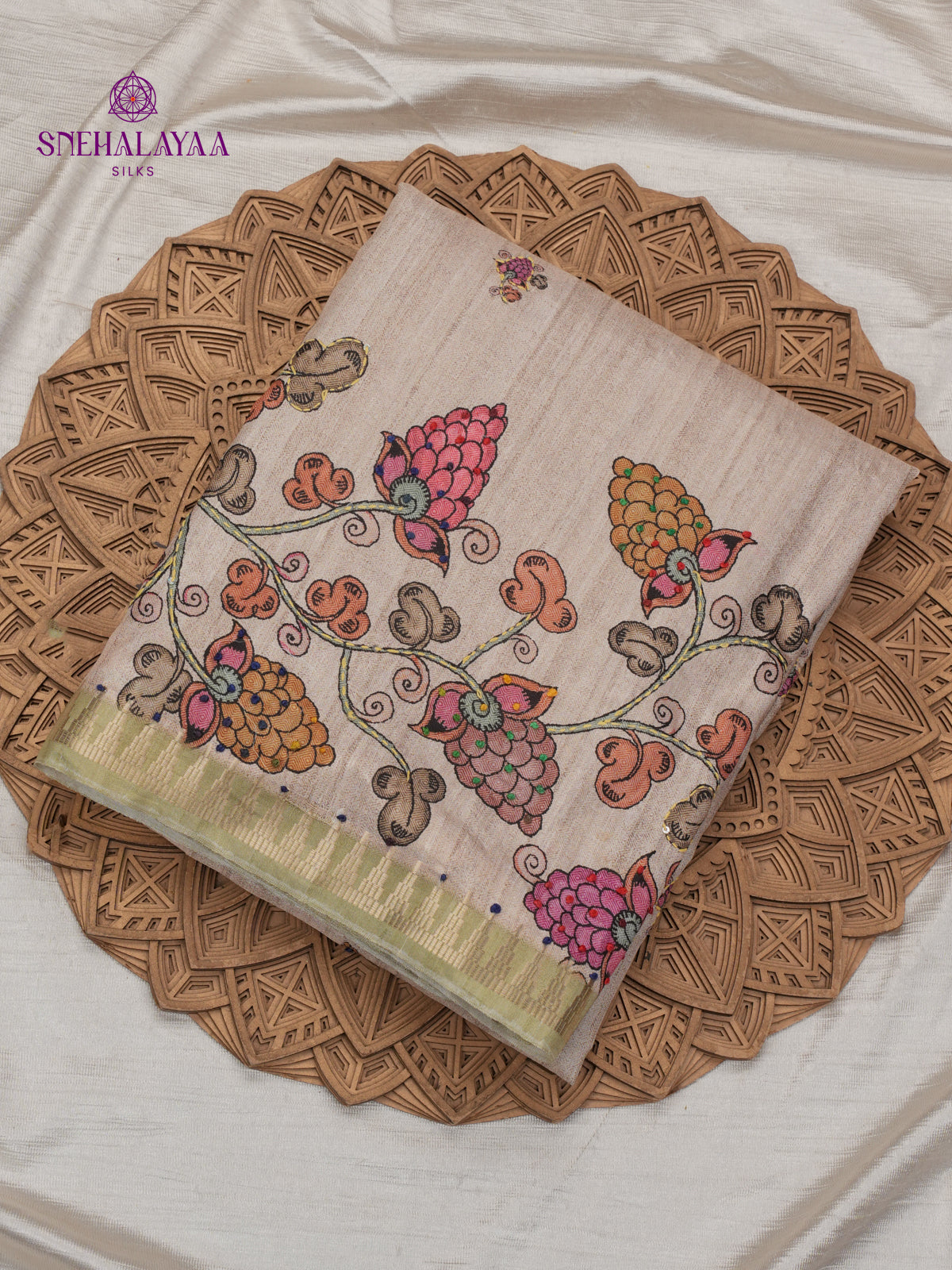 Beige Tussar Embroidery Saree