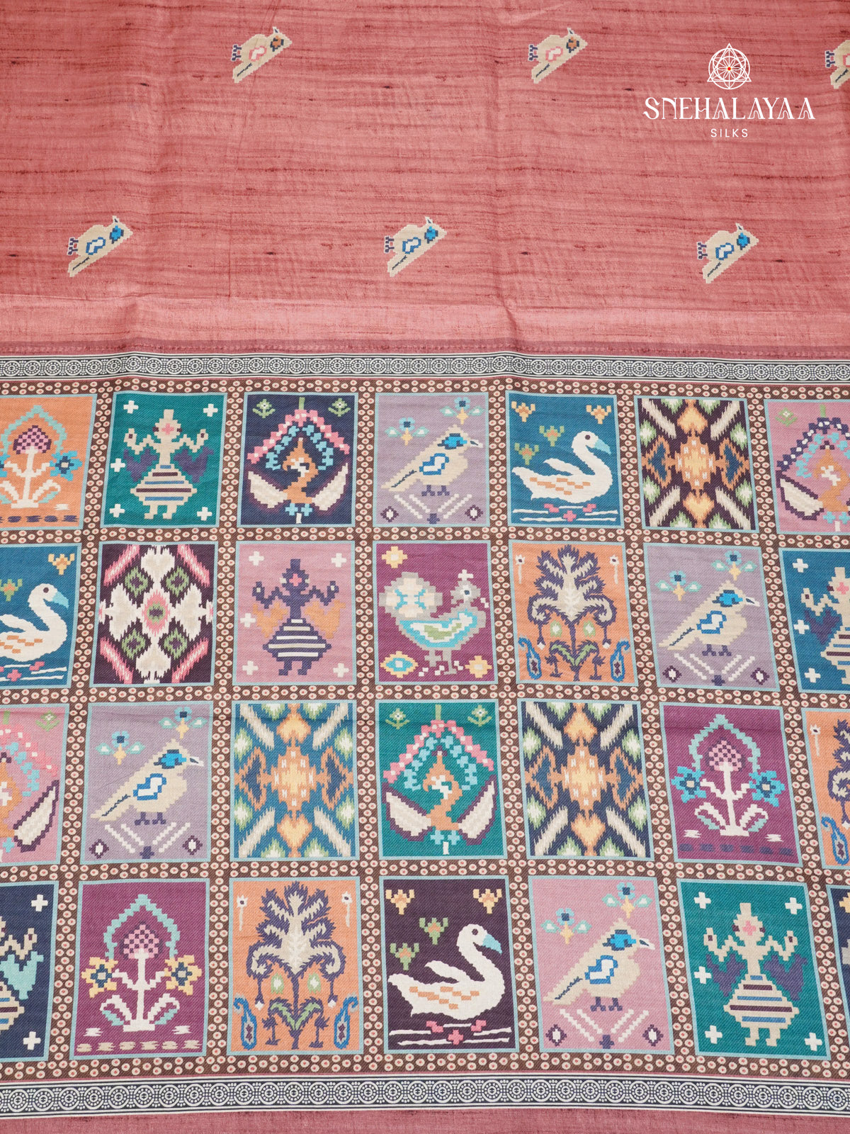 Maroon Floral Printed Tussar Saree