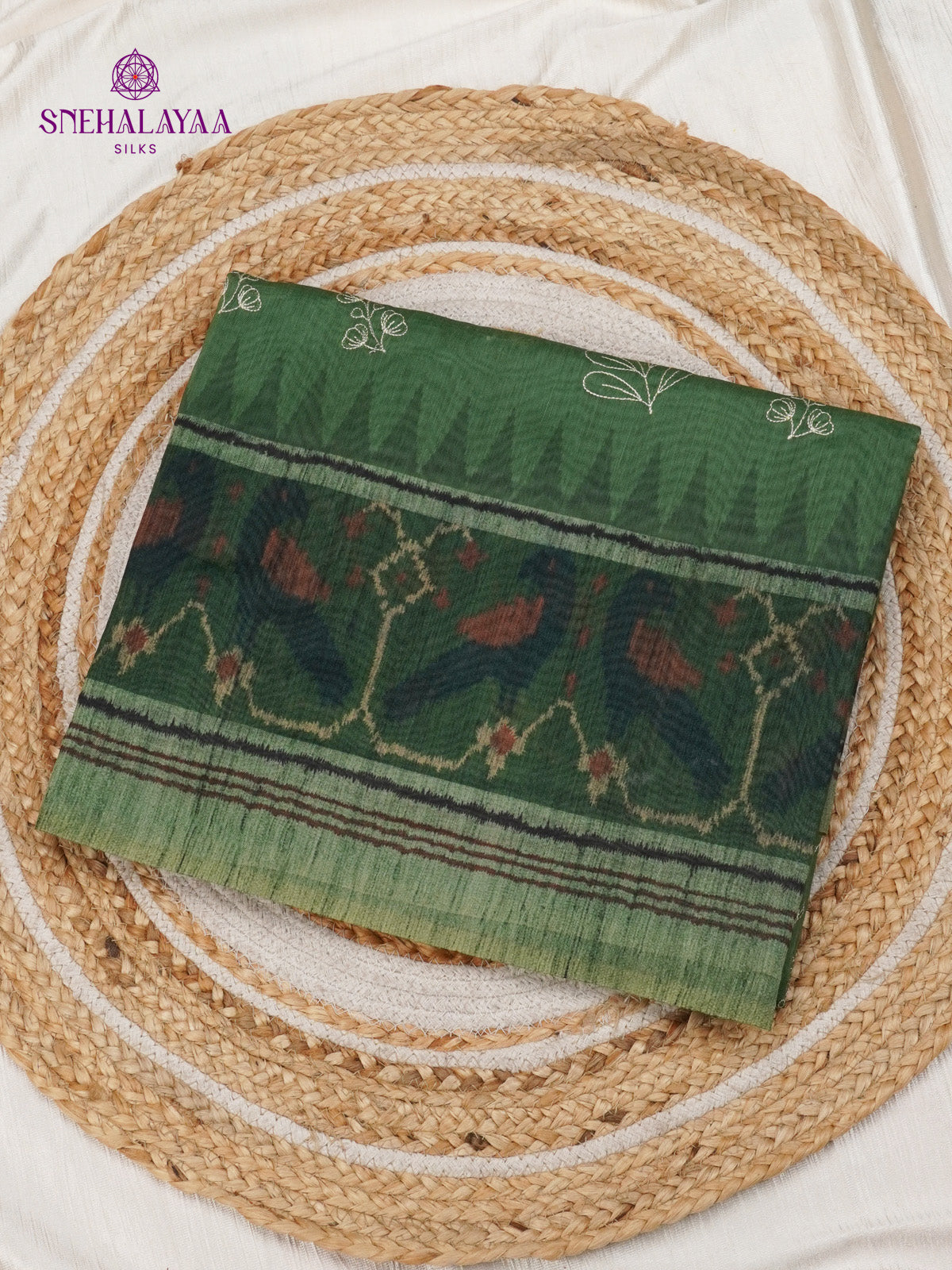 Bottle Green Linen Embroidery Saree