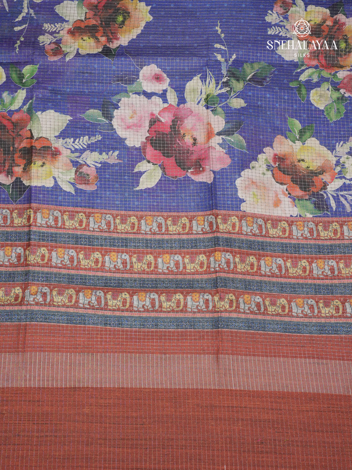 Royal Blue Floral Printed Tussar Saree