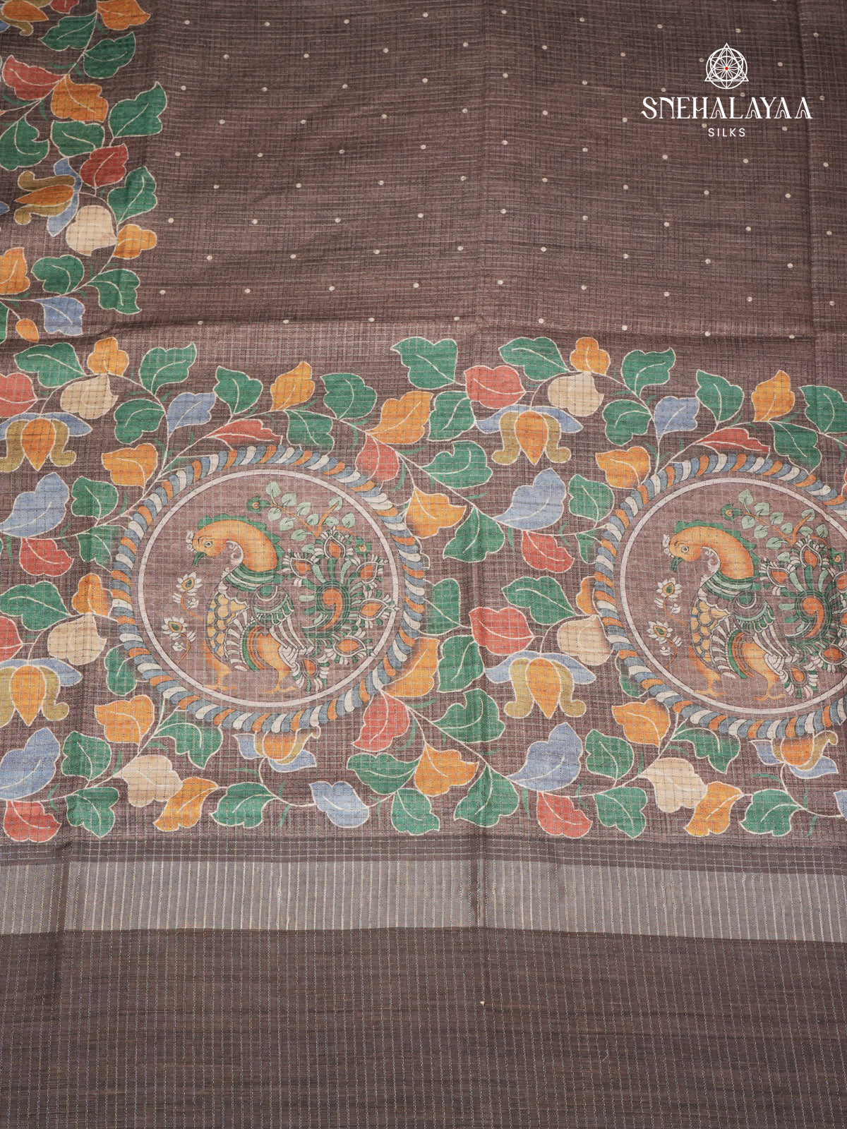 Black Floral Printed Tussar Saree