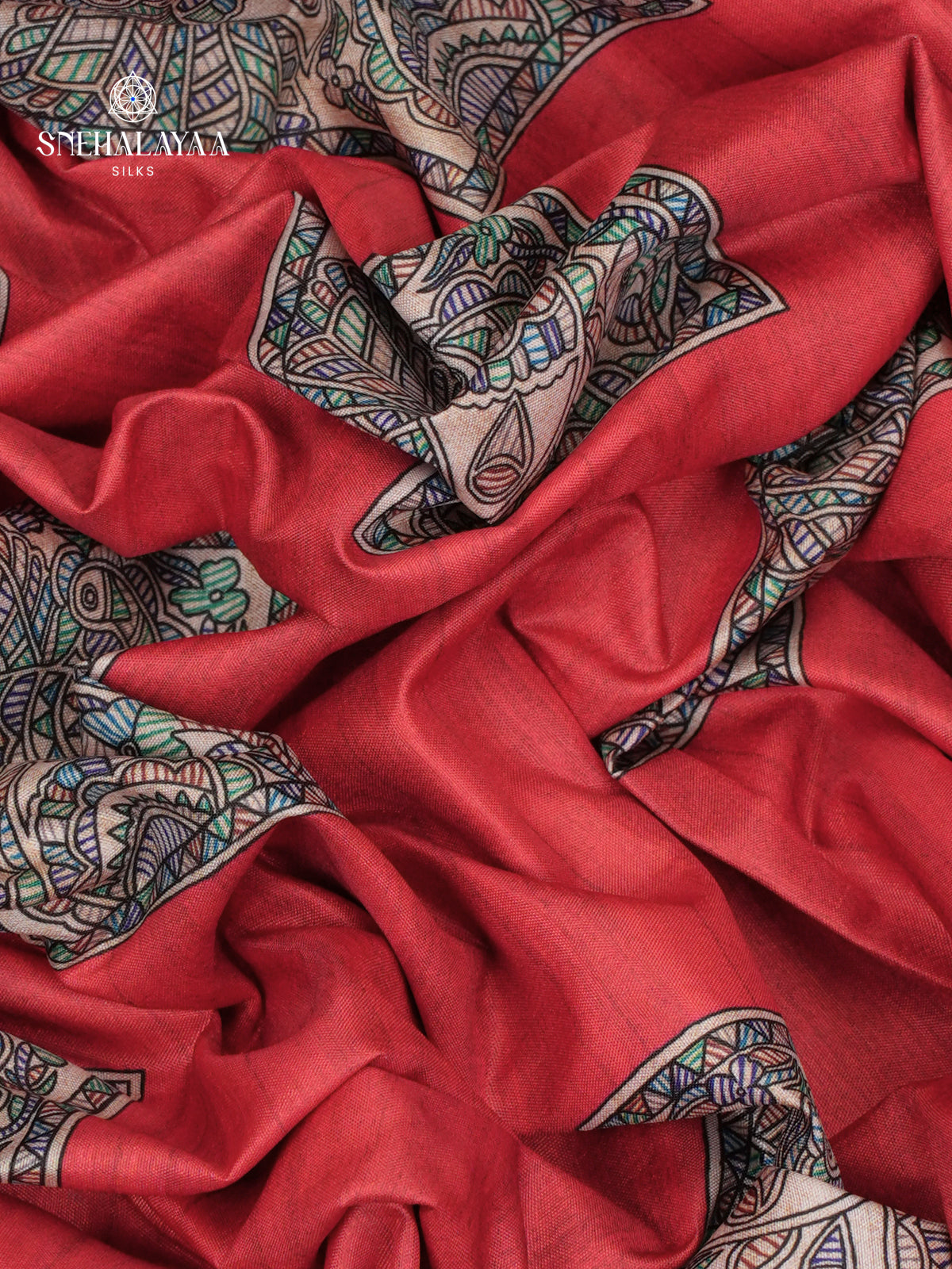 Coral Red Madhubani Printed Saree