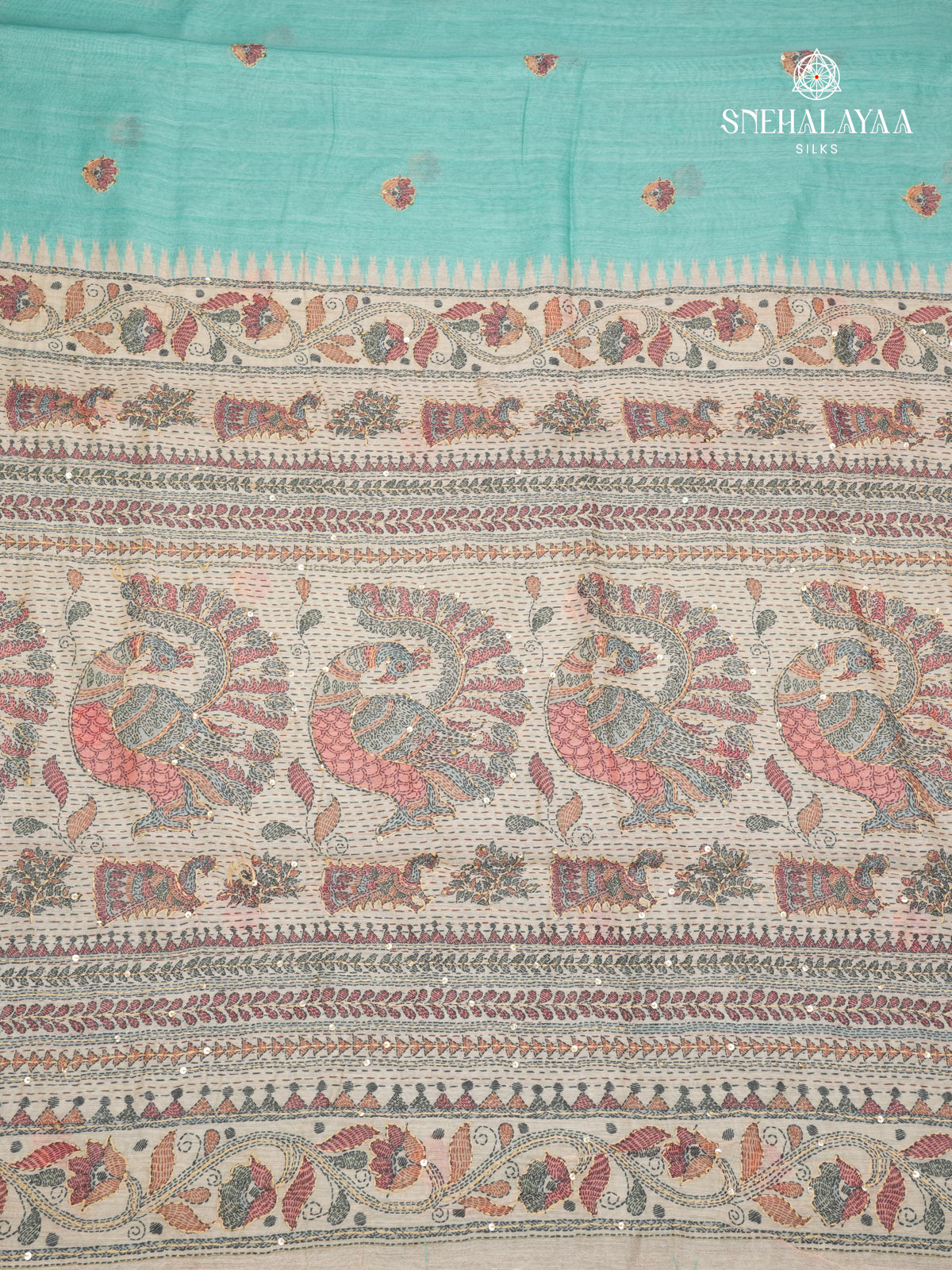 Pastel Blue Linen Embroidery Saree