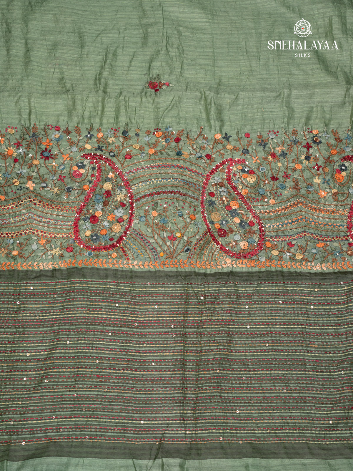 Sage Green Raw Silk Embroidery Saree