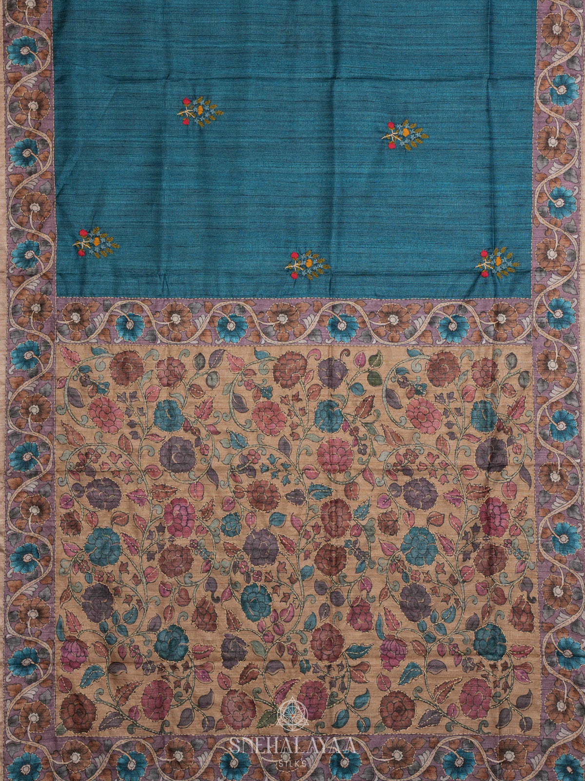 Teal Blue Tussar Embroidery Saree