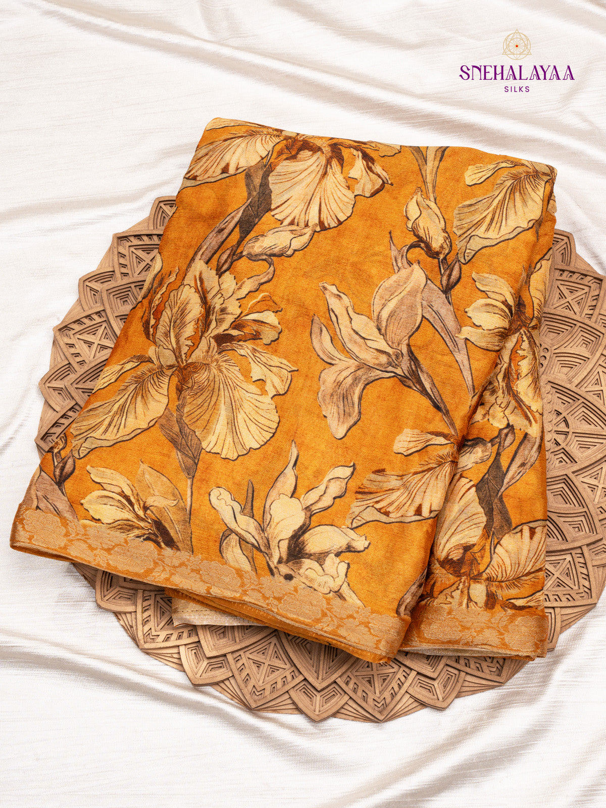 Mustard Yellow Printed Chiffon Saree