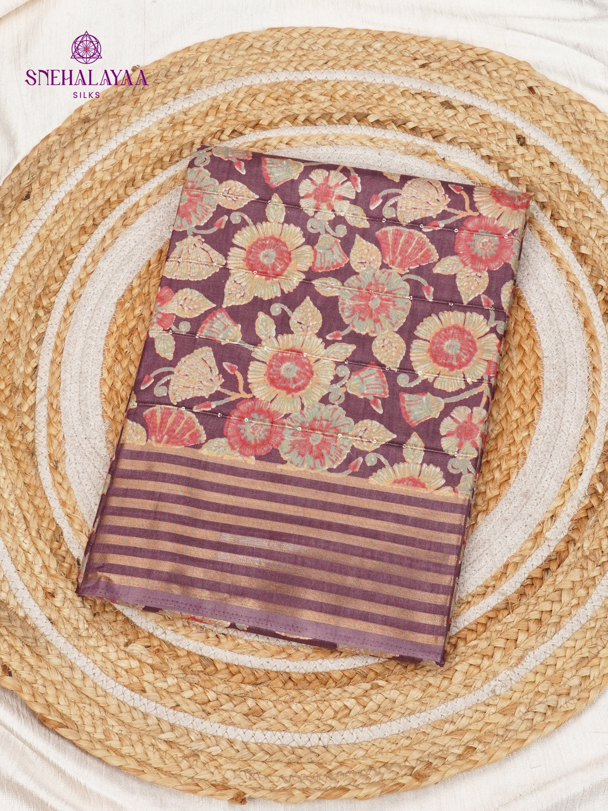 Purple Floral Printed Tussar Saree