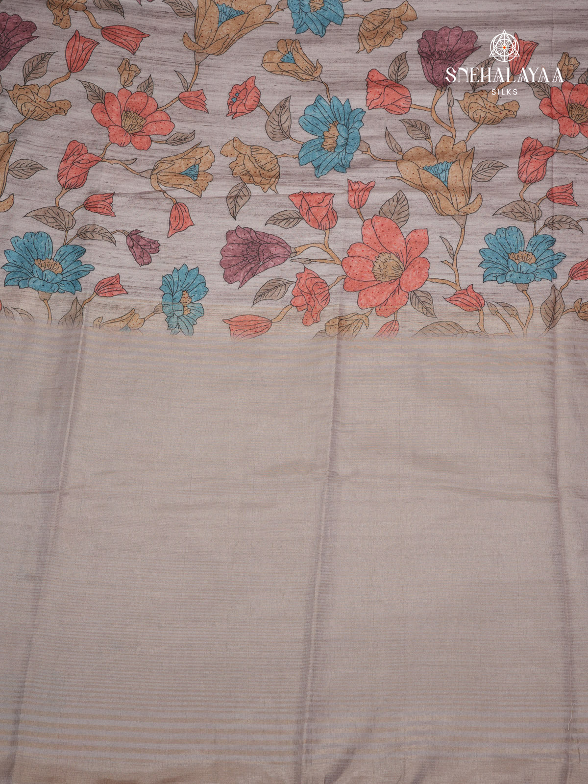 Grey Floral Printed Tussar Saree