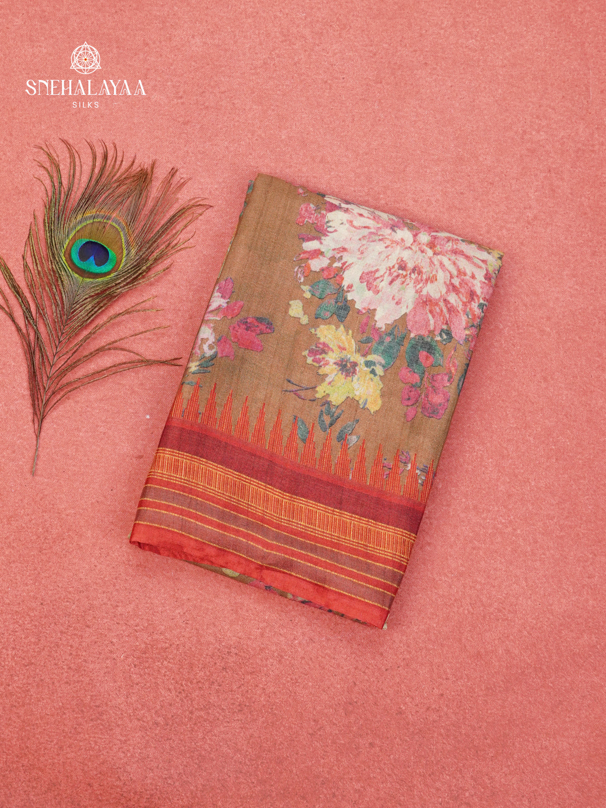 Brown Printed Creap Saree