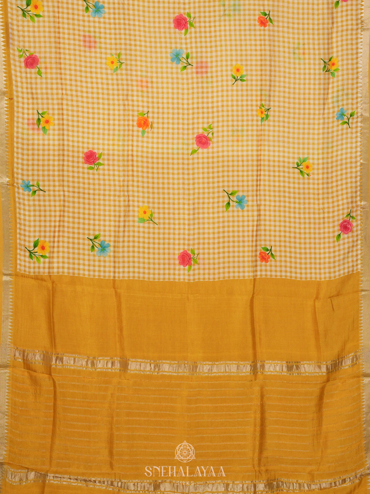 Yellow Checks Printed Mangalagiri Silk Saree