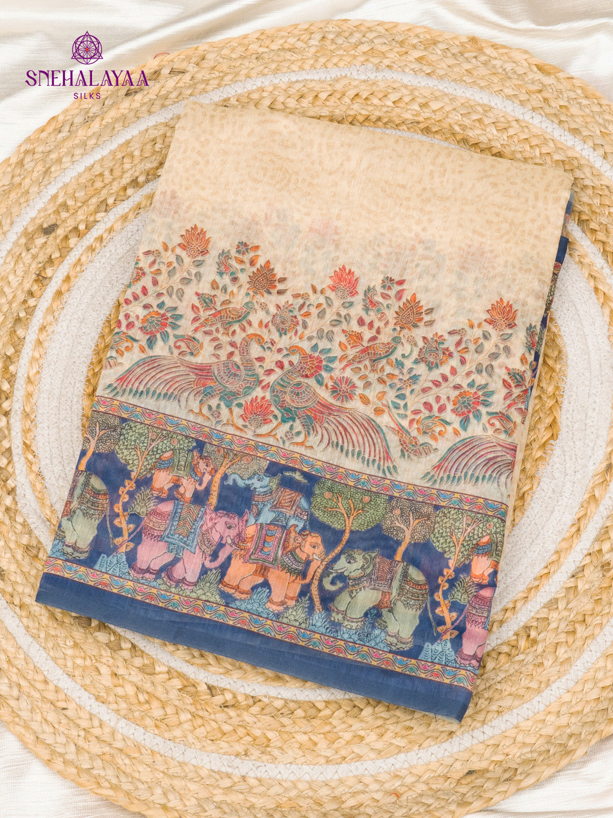 Beige With Navy Blue Border Linen Saree