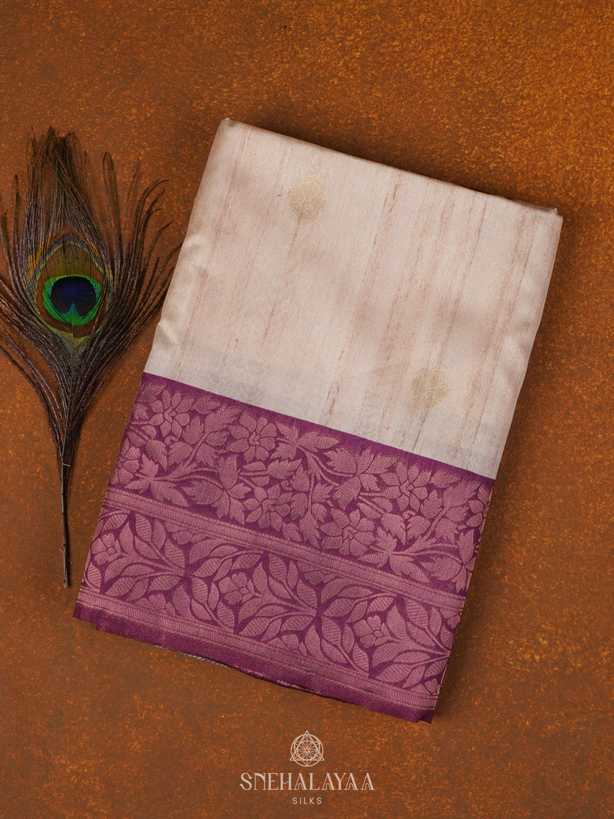 Beige With Purple Border Tussar Saree