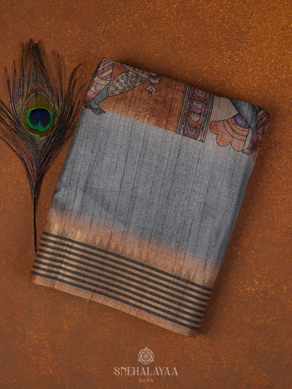 Beige Kalamkari Tussar Saree