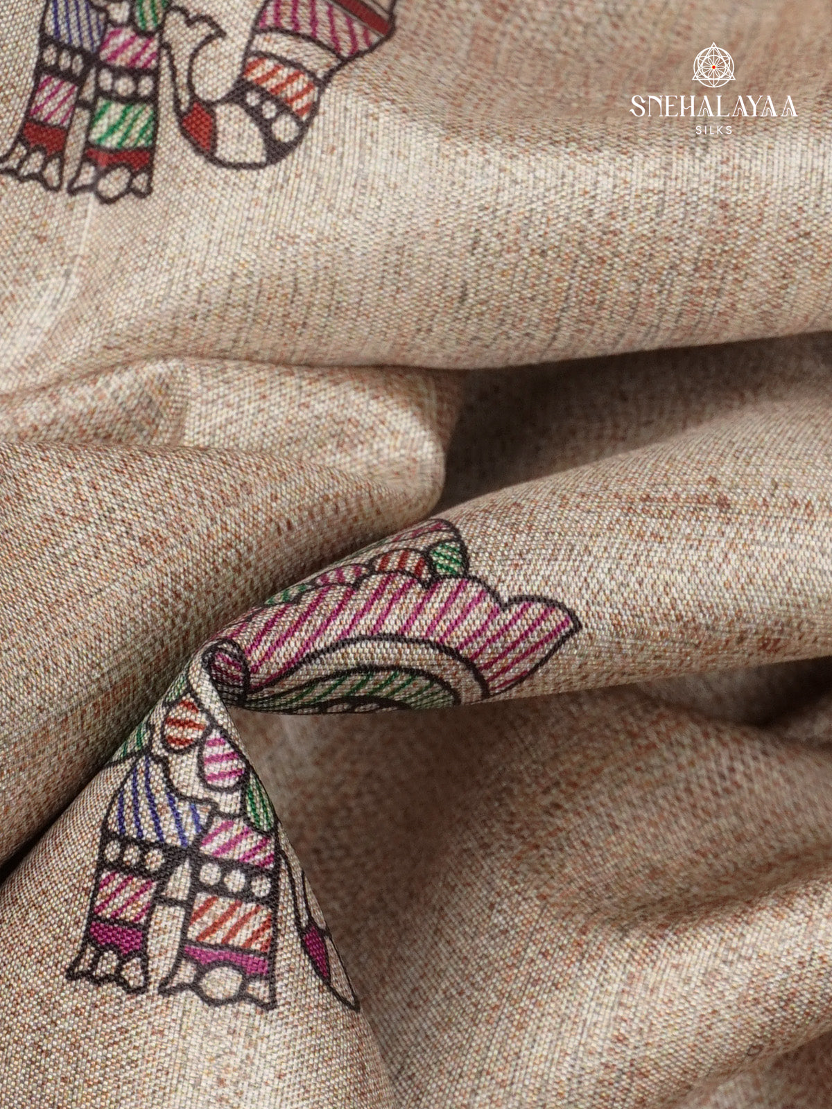 Beige With Navy Blue Border Madhubani Saree