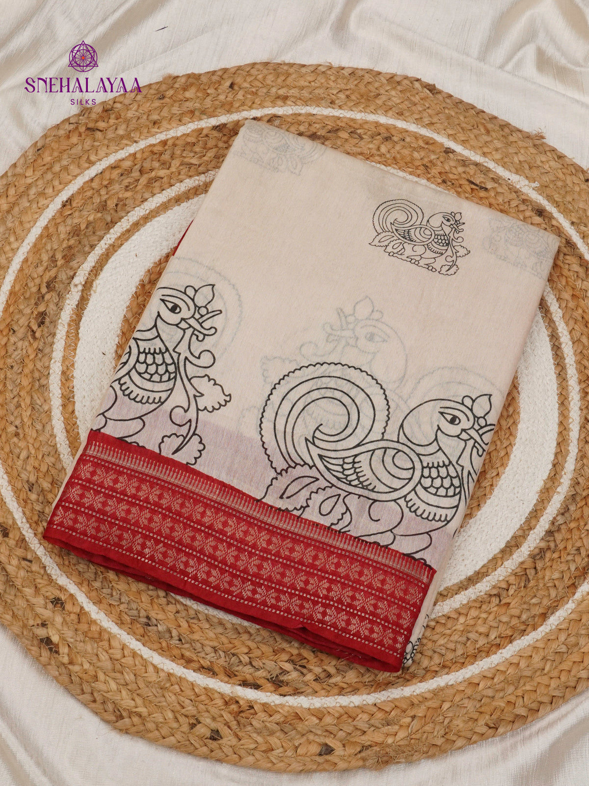 Cream Kalamkari Saree with Red Woven Border