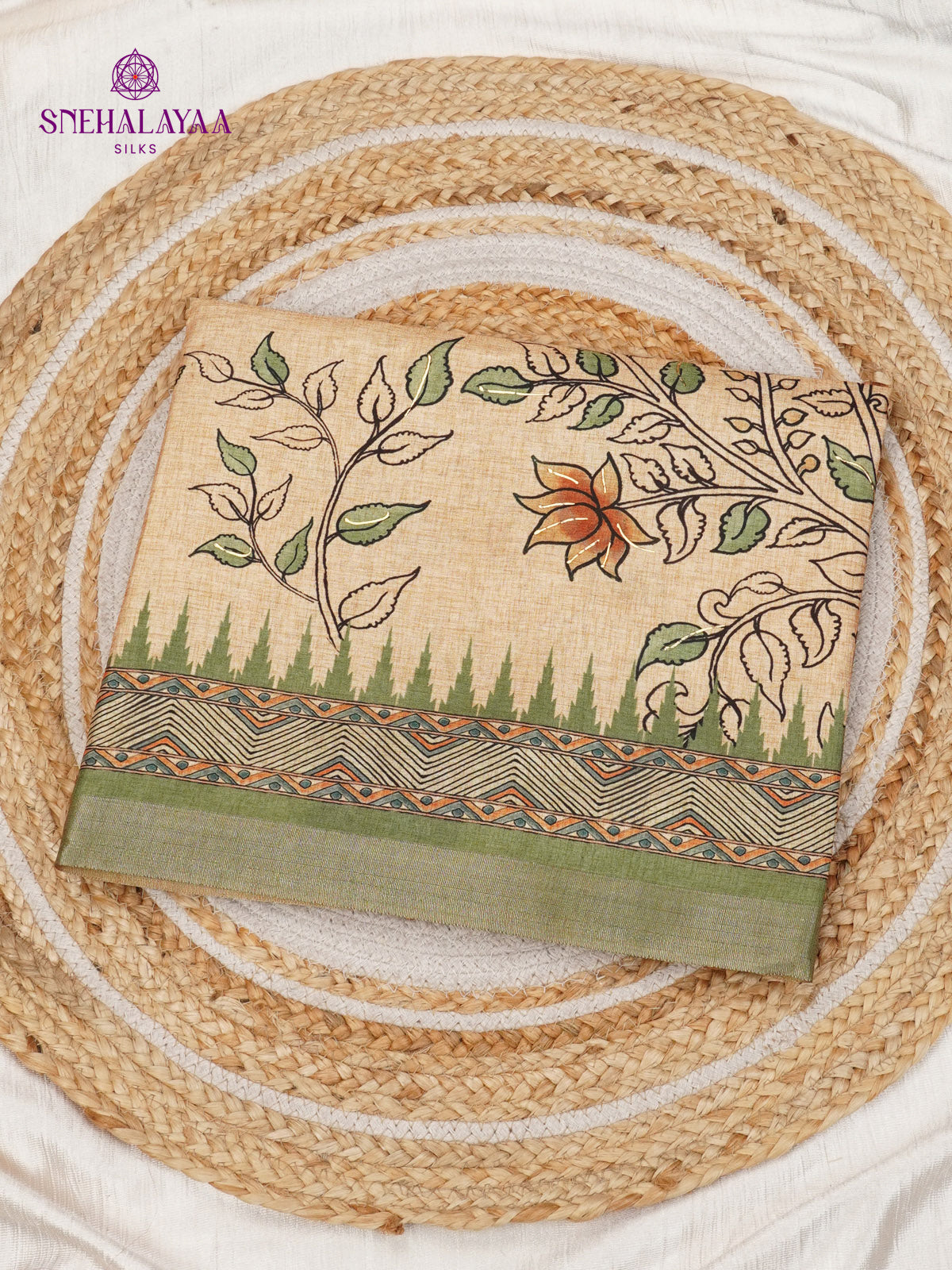 Beige With Olive Green Border Floral Printed Tussar Saree