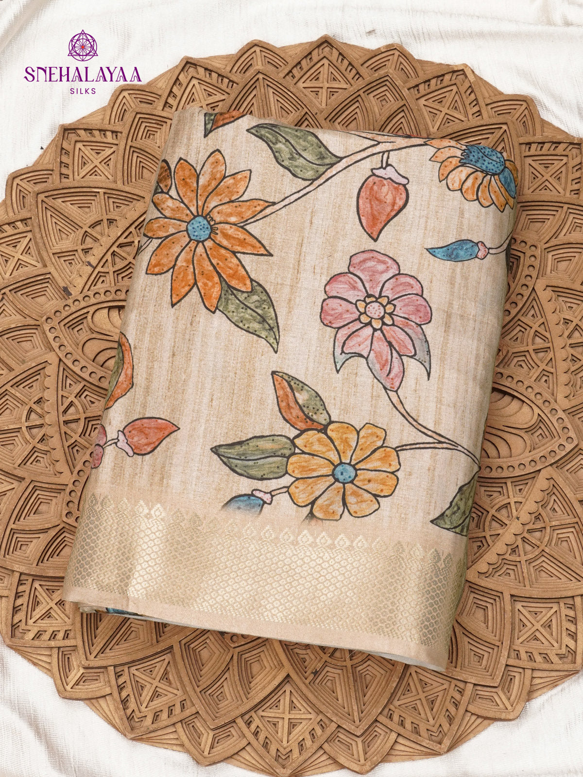 Beige Floral Printed Tussar Saree