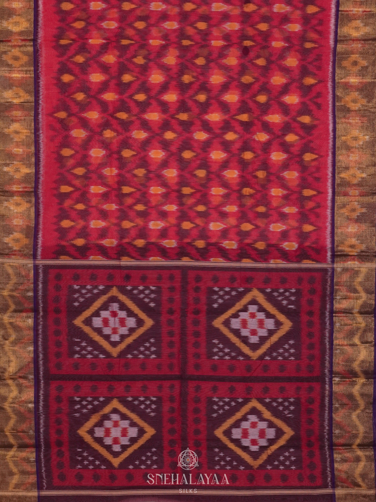 Pink Ikat Silk Cotton Saree with Traditional Woven Border