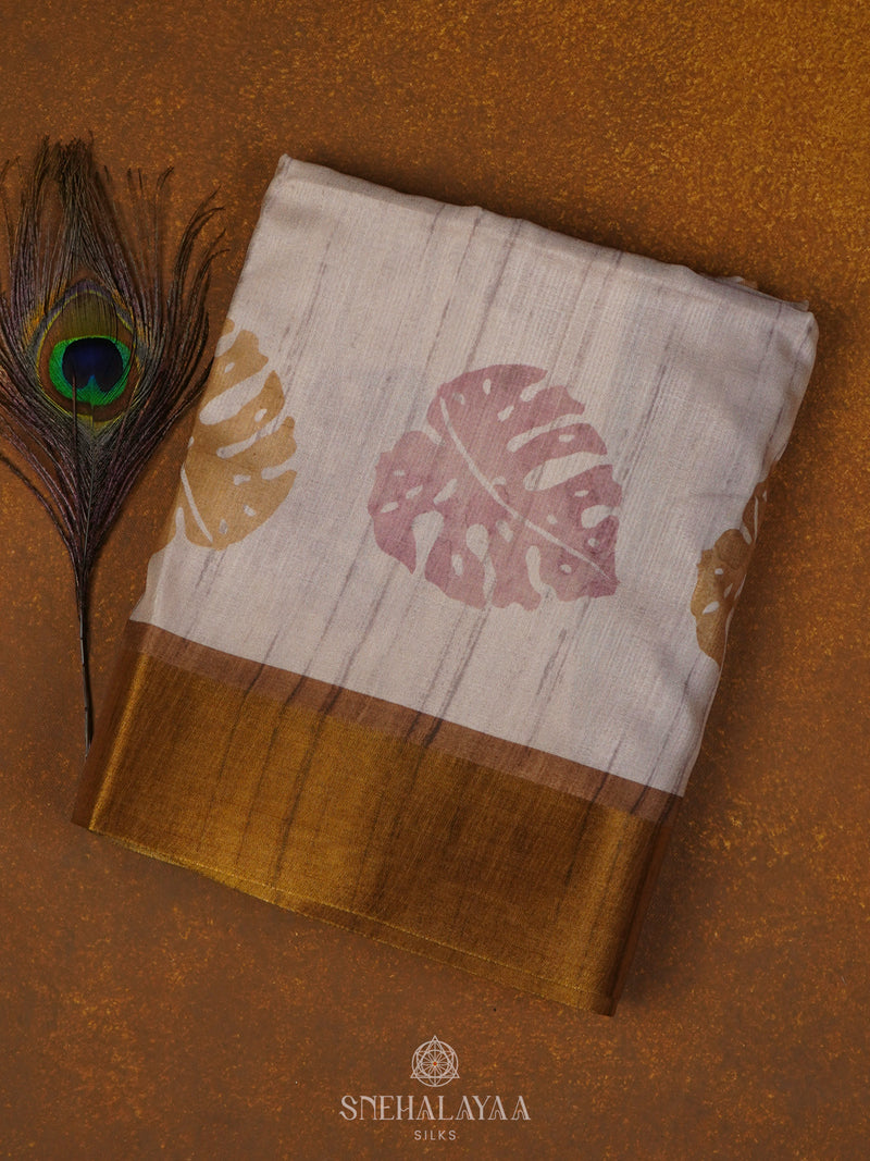 Cream Munga Tussar Saree with Brown Border