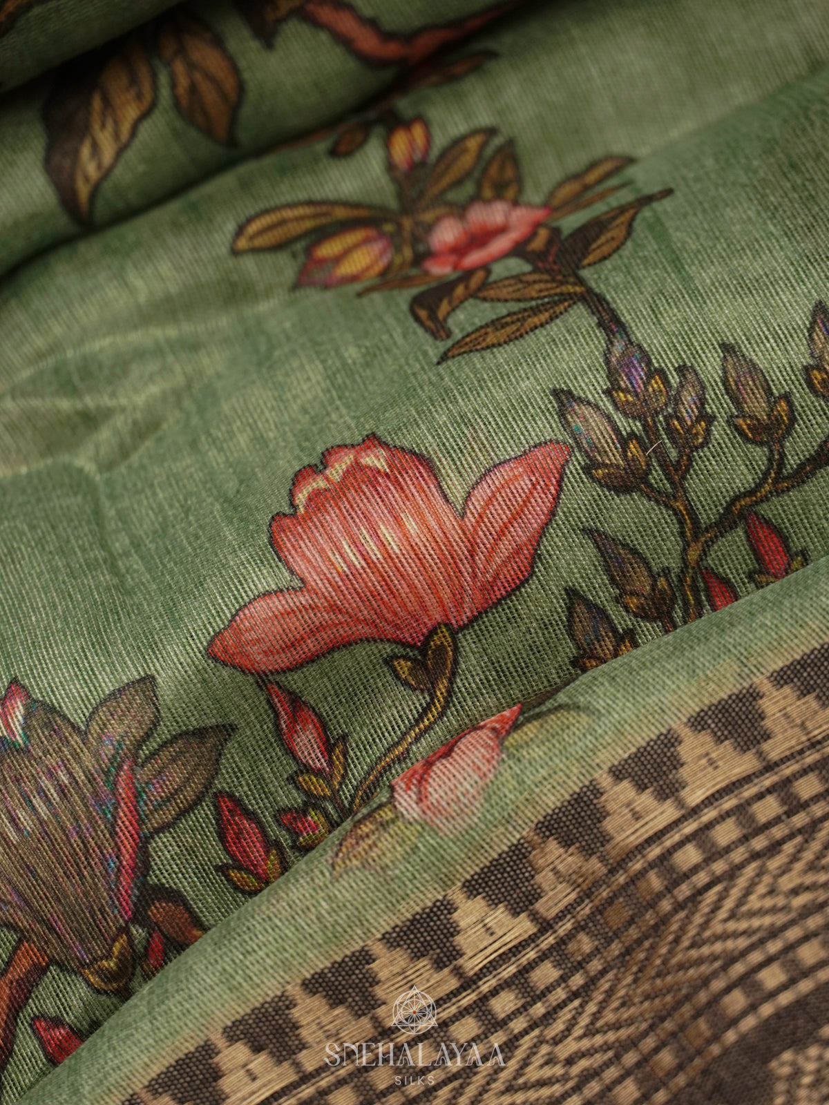 Pale Green Printed Linen Saree