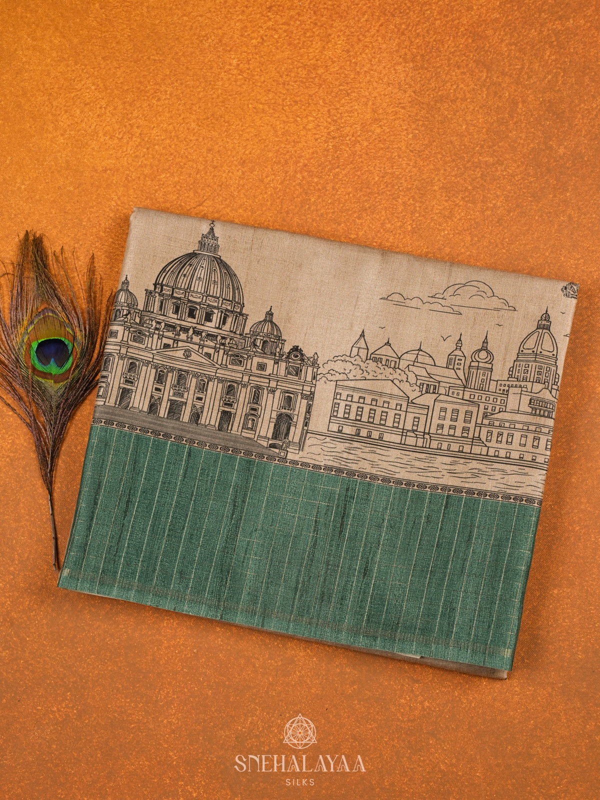 Beige With Teal Border Tussar Saree