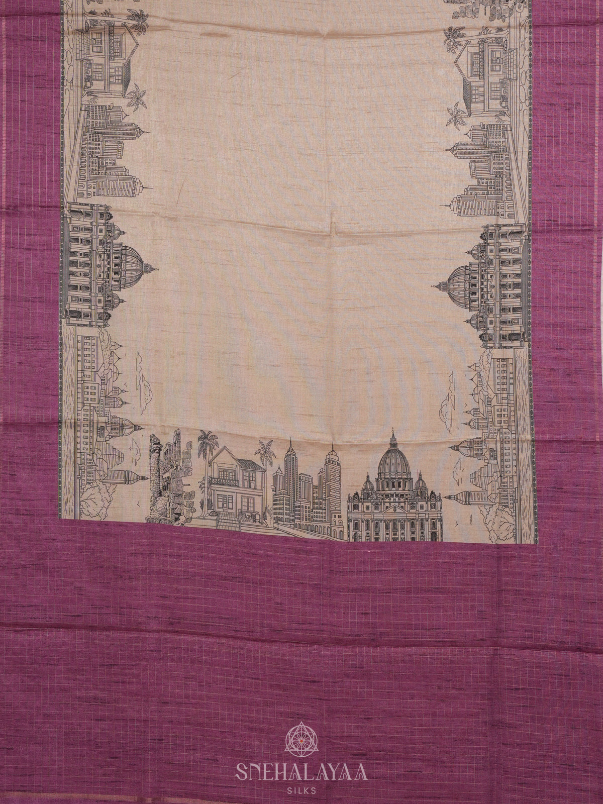 Beige With Magenta Border Tussar Saree