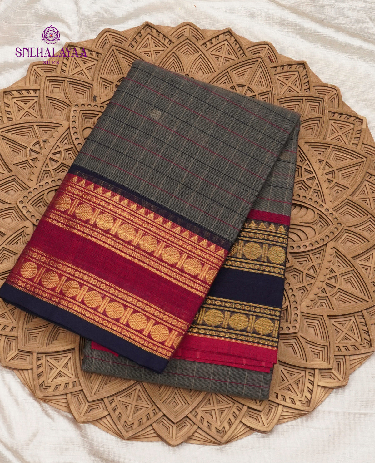 Checked Slate Grey Kanchi Cotton Saree with Irandu Karai Zari Borders