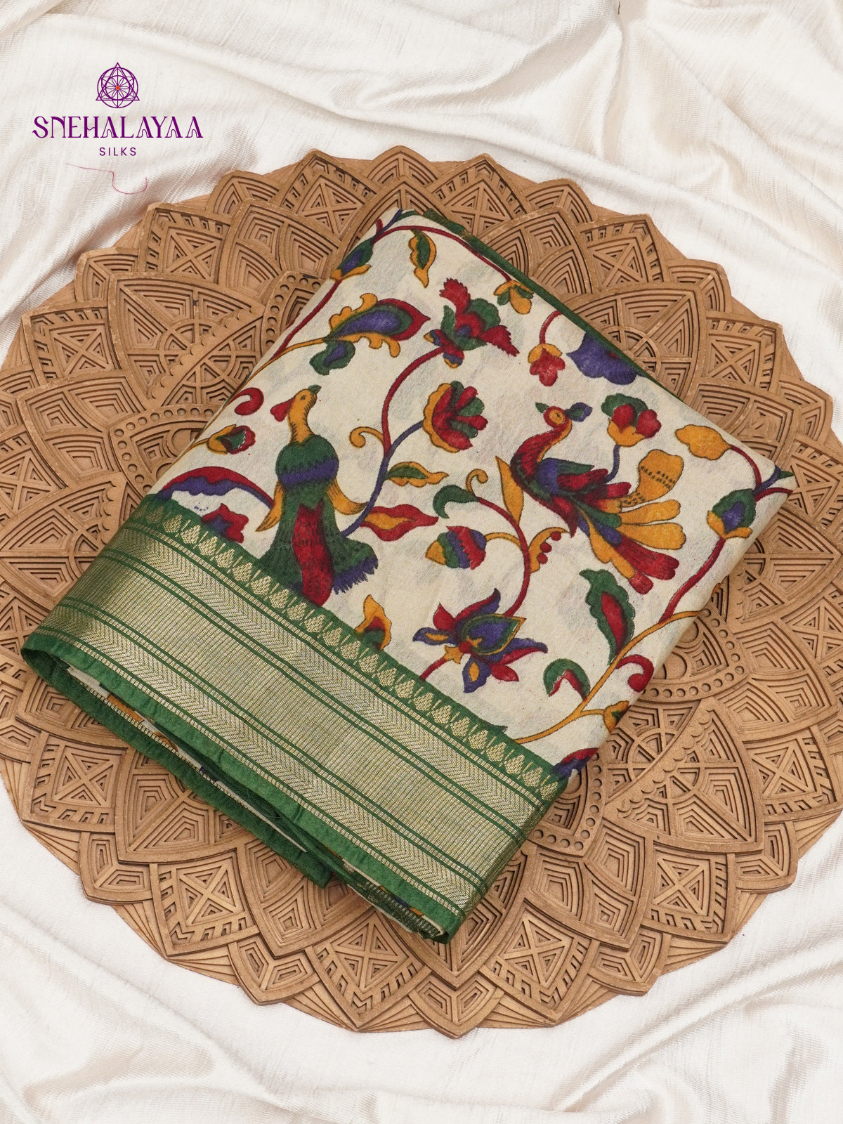 Beige With Green Border Bamboo Silk Saree