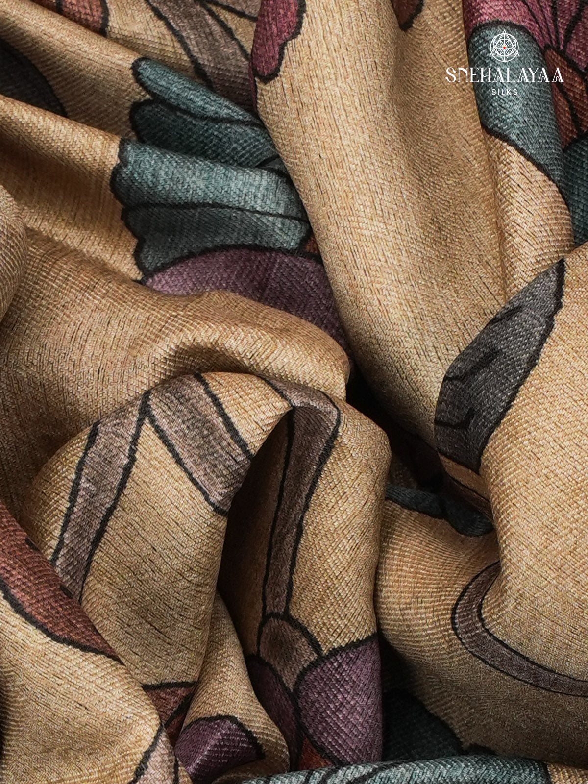 Beige Floral Printed Tussar Saree