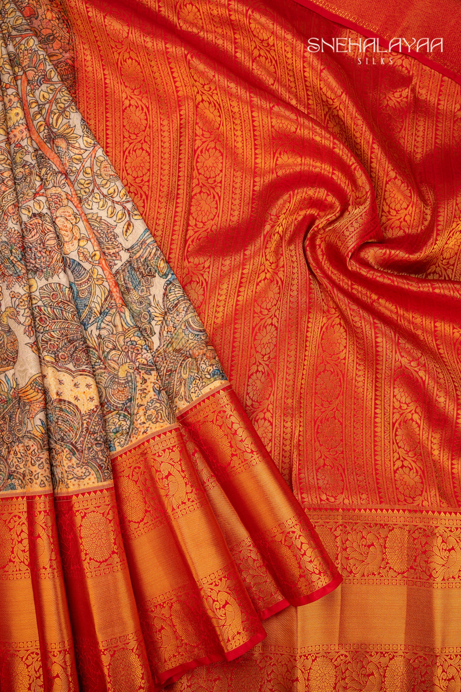 Cream Semi Kalamkari Silk Saree