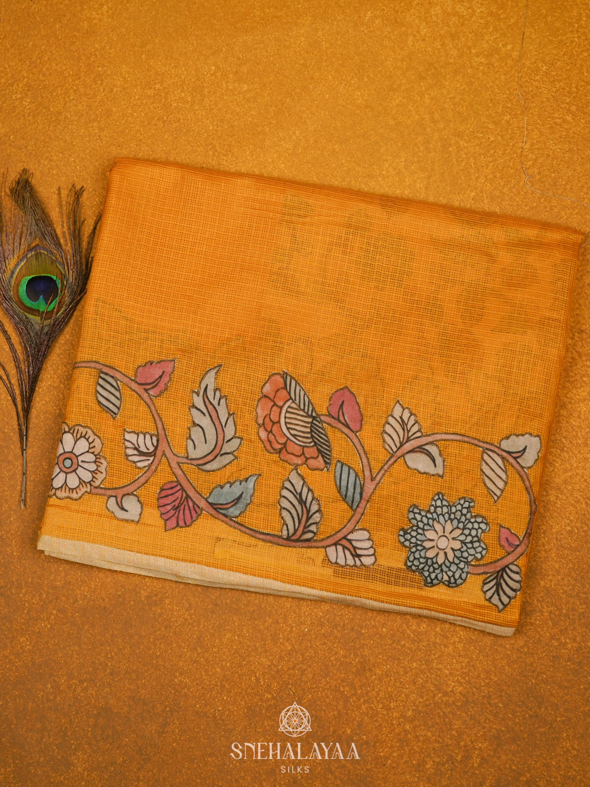 Mango Yellow Kota Embroidery Saree
