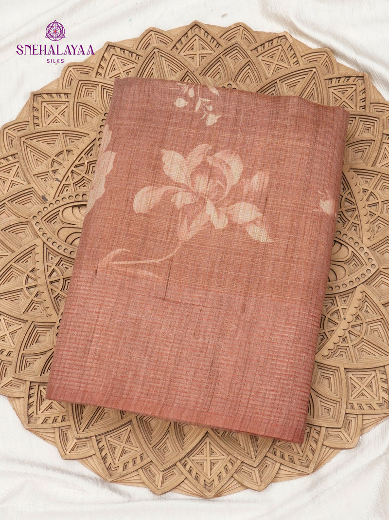 Brown Floral Printed Tussar Saree