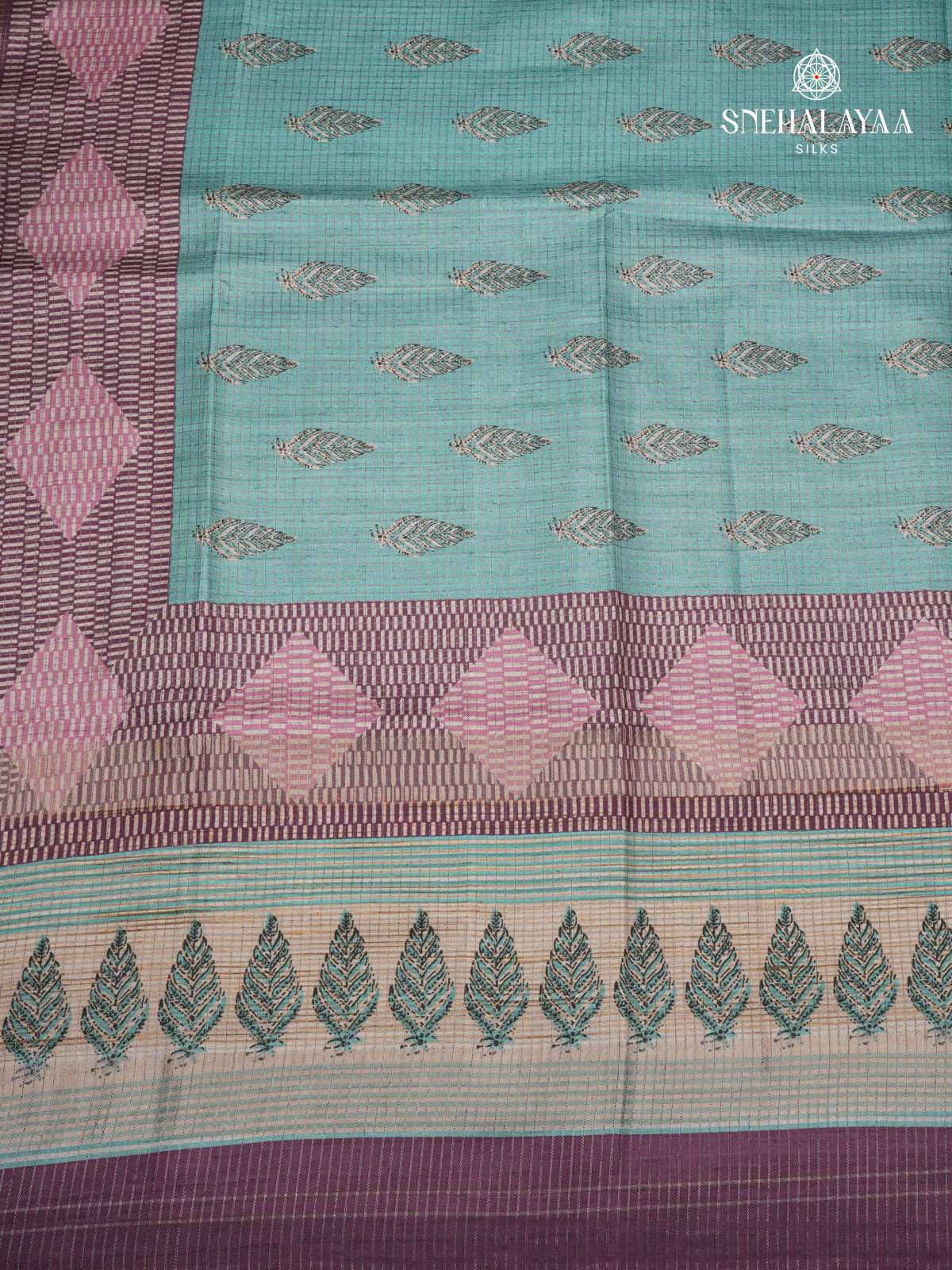 Teal Blue Floral Printed Tussar Saree