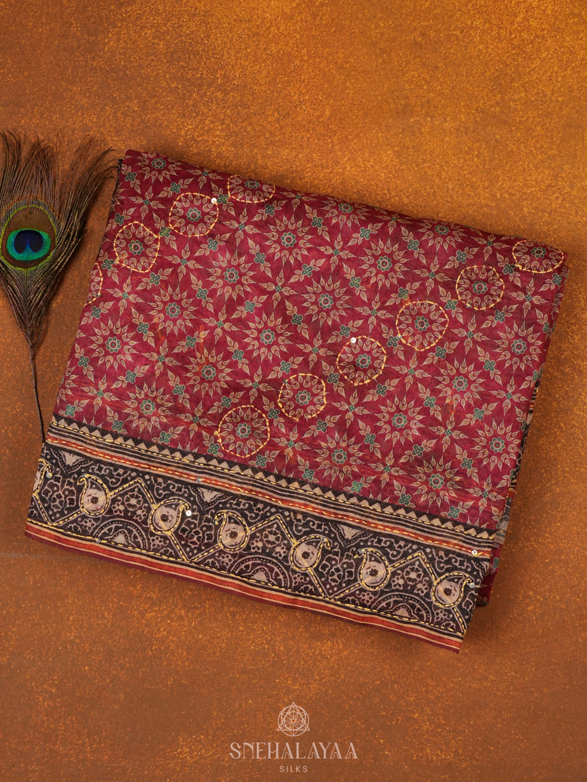 Maroon Embroidered Chanderi Saree