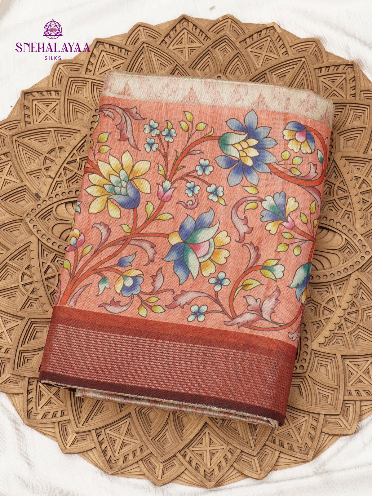 Beige Floral Printed Tussar Saree