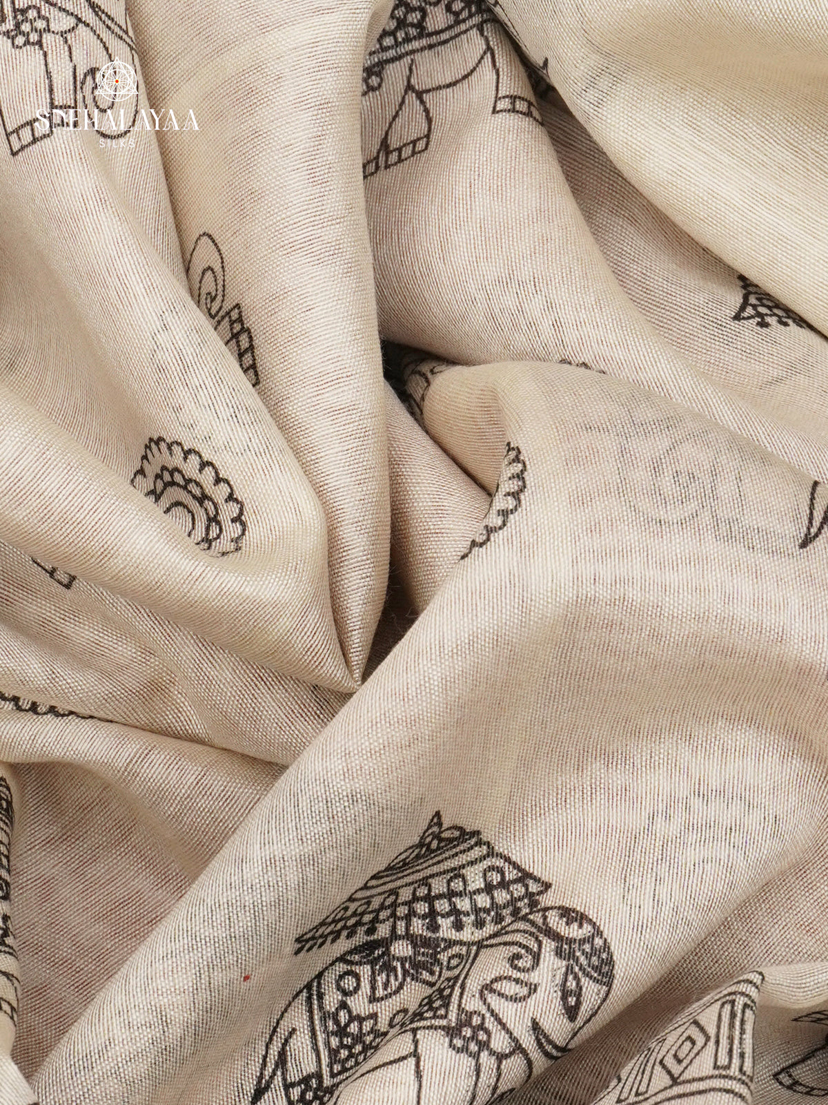 Off-White Kalamkari Saree with Red Woven Border