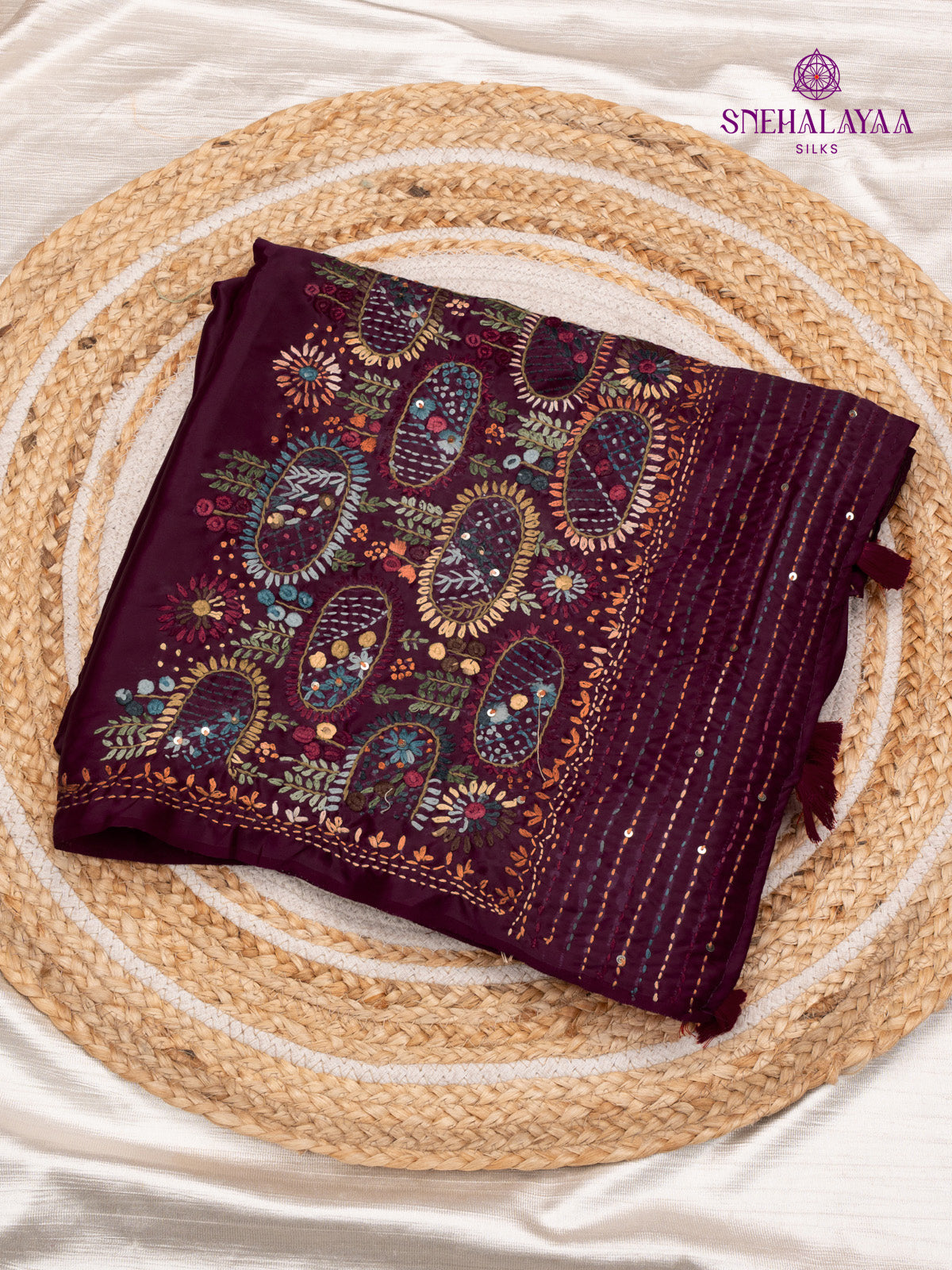 Burgundy Satin Embroidery Saree