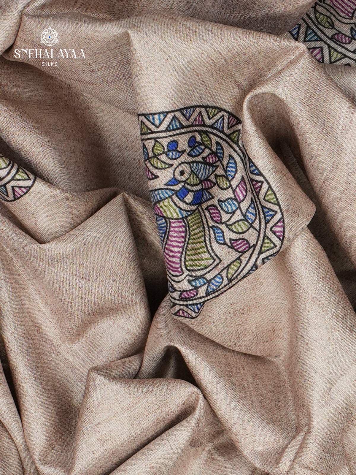 Beige With Yellow Border Madhubani Saree