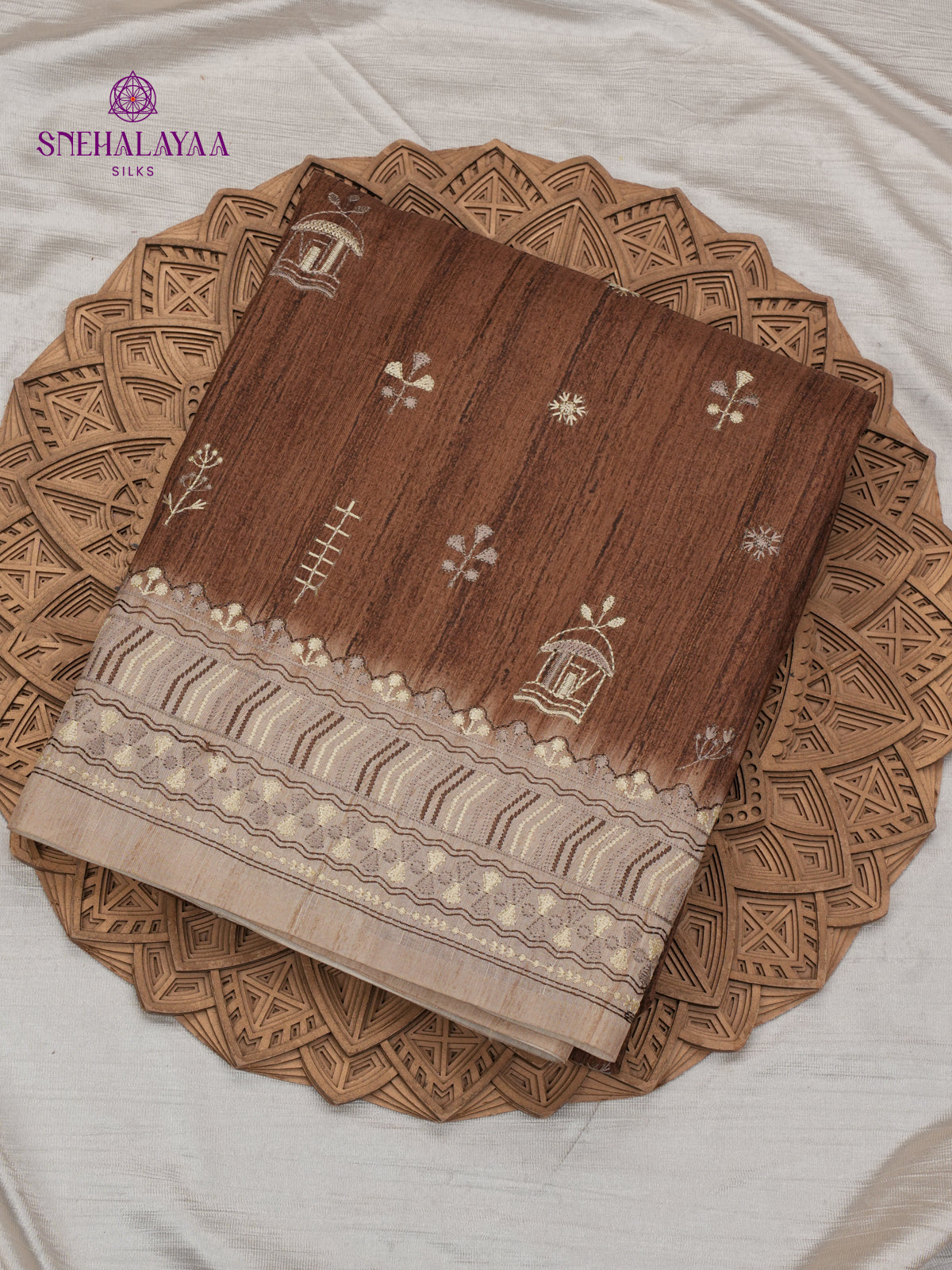 Brown Tussar Embroidery Saree