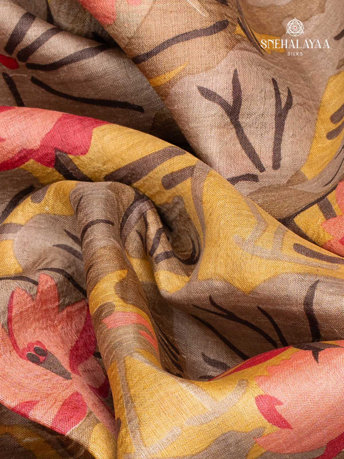 Pale Brown Printed Tussar Saree