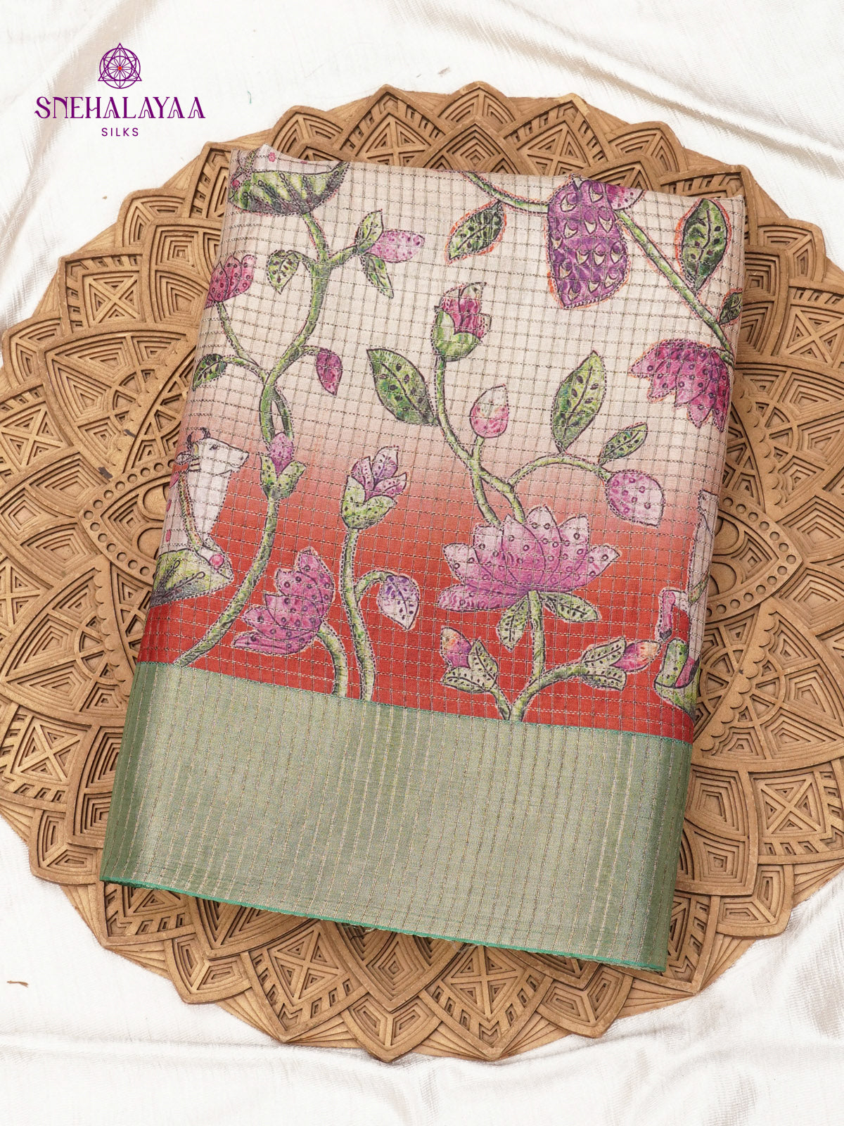 Off White Floral Printed Tussar Saree