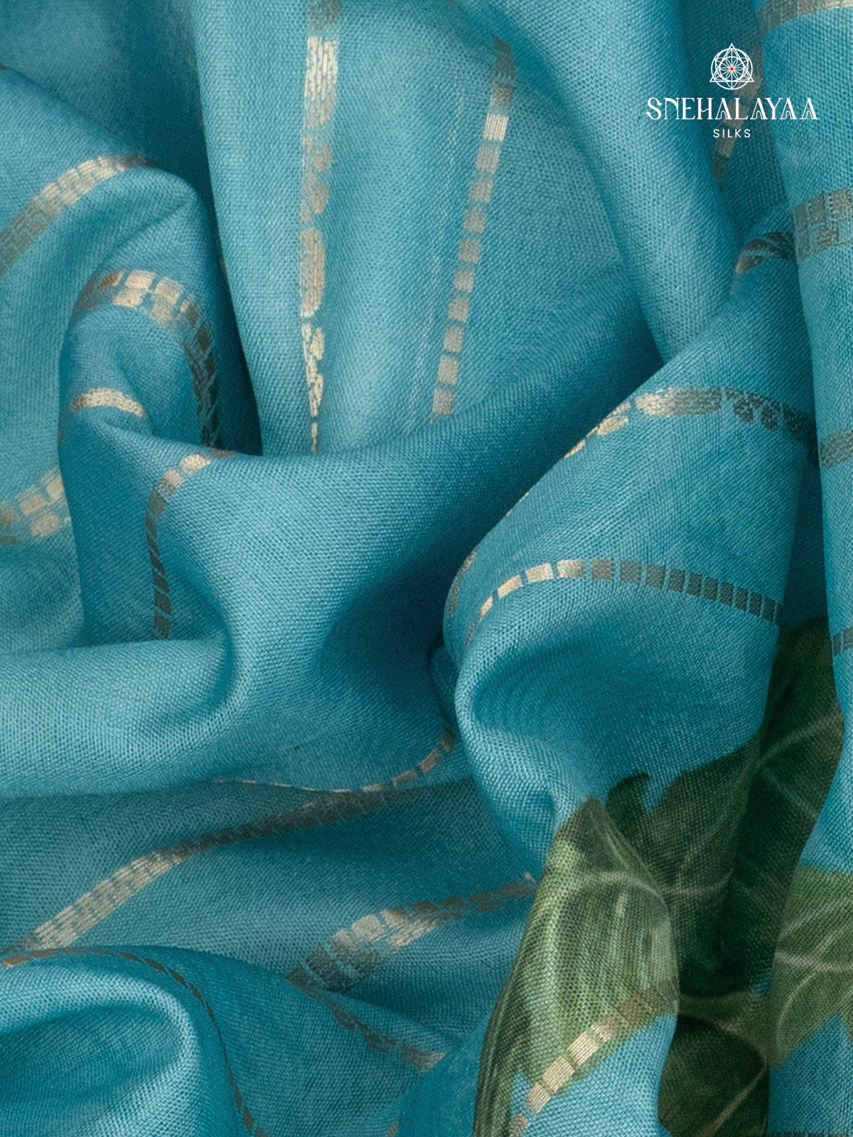Aqua Blue Printed Mysore Silk Saree