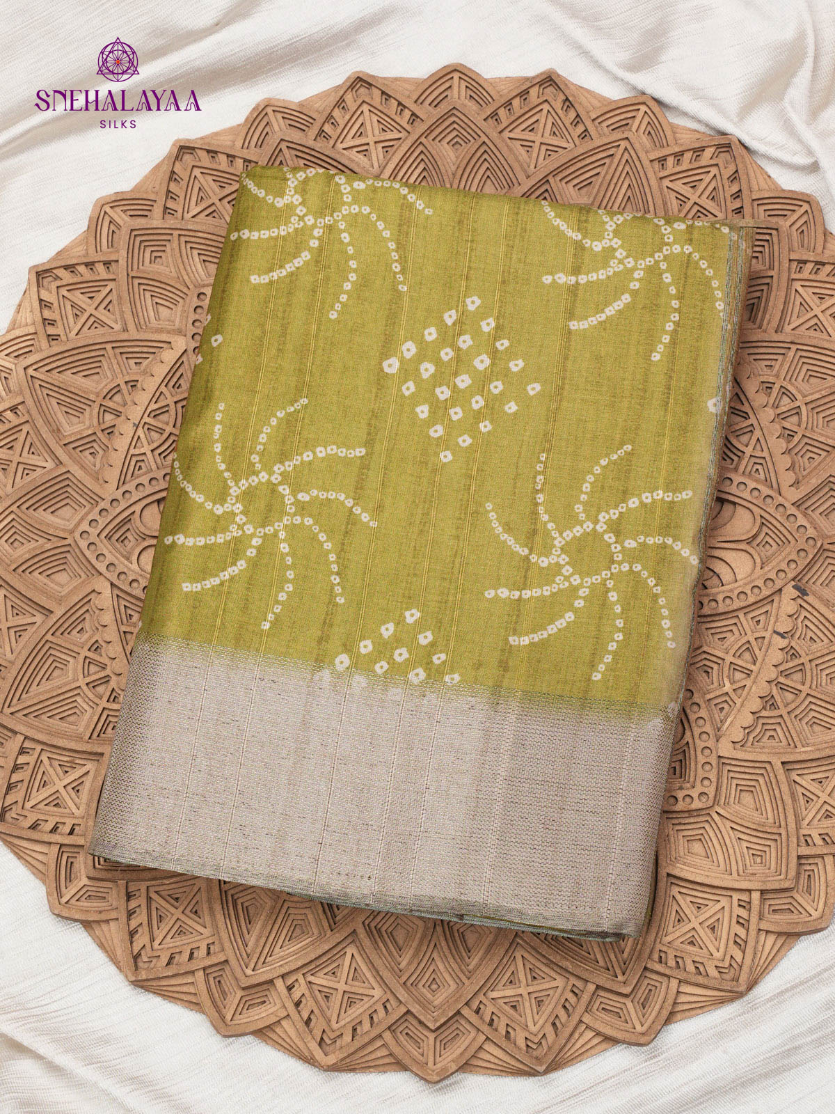 Olive Green Printed Tussar Saree
