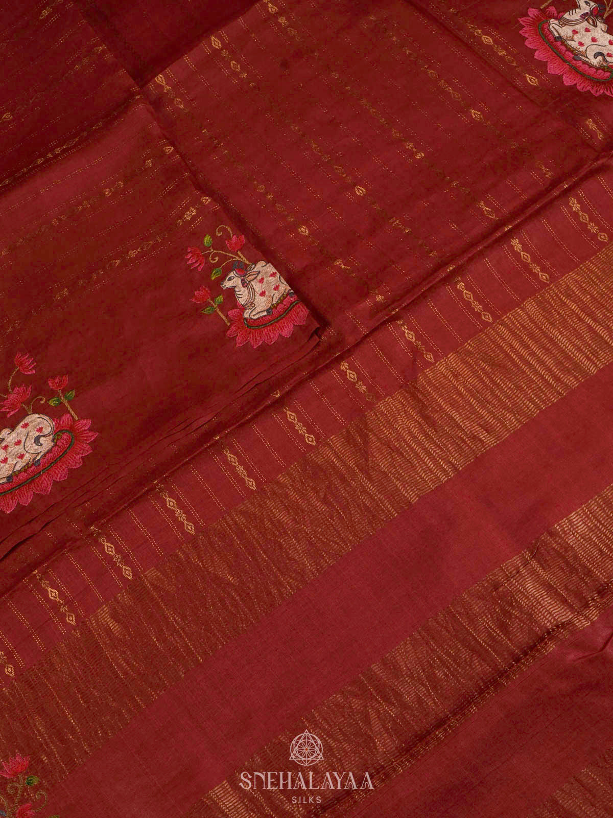Maroon Tussar Embroidery Saree