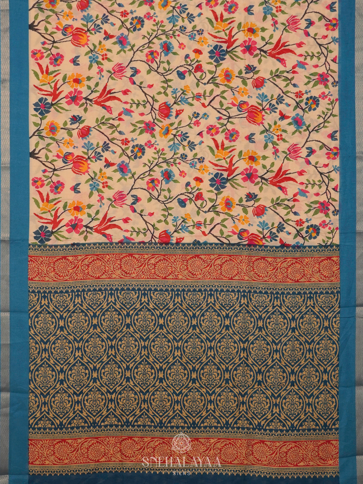 Beige Dola Silk Saree with Blue Border