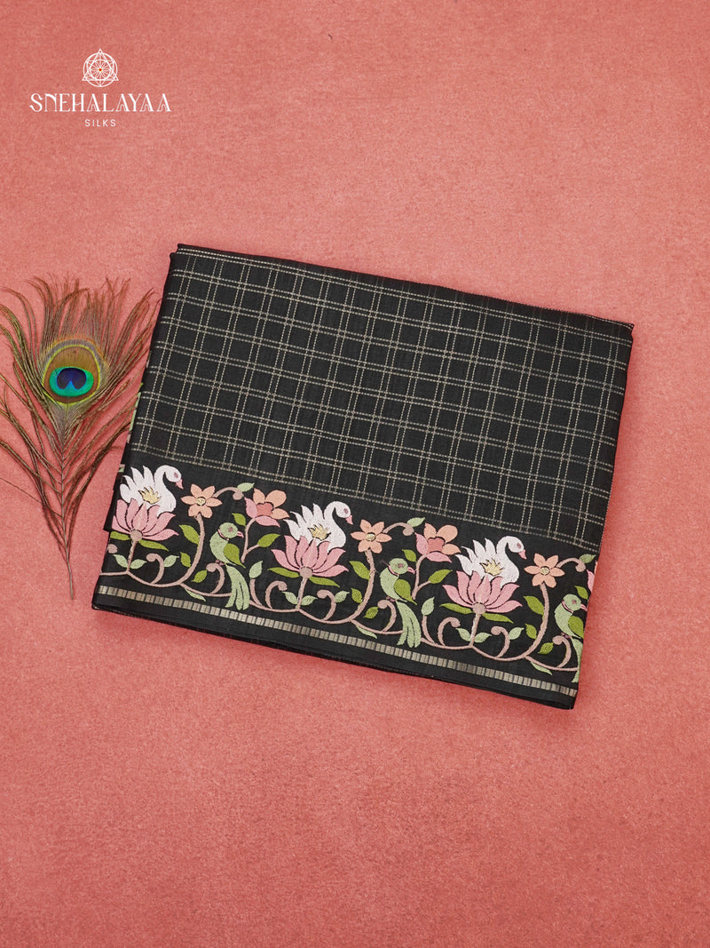 Black Munga Tussar Embroidery Saree