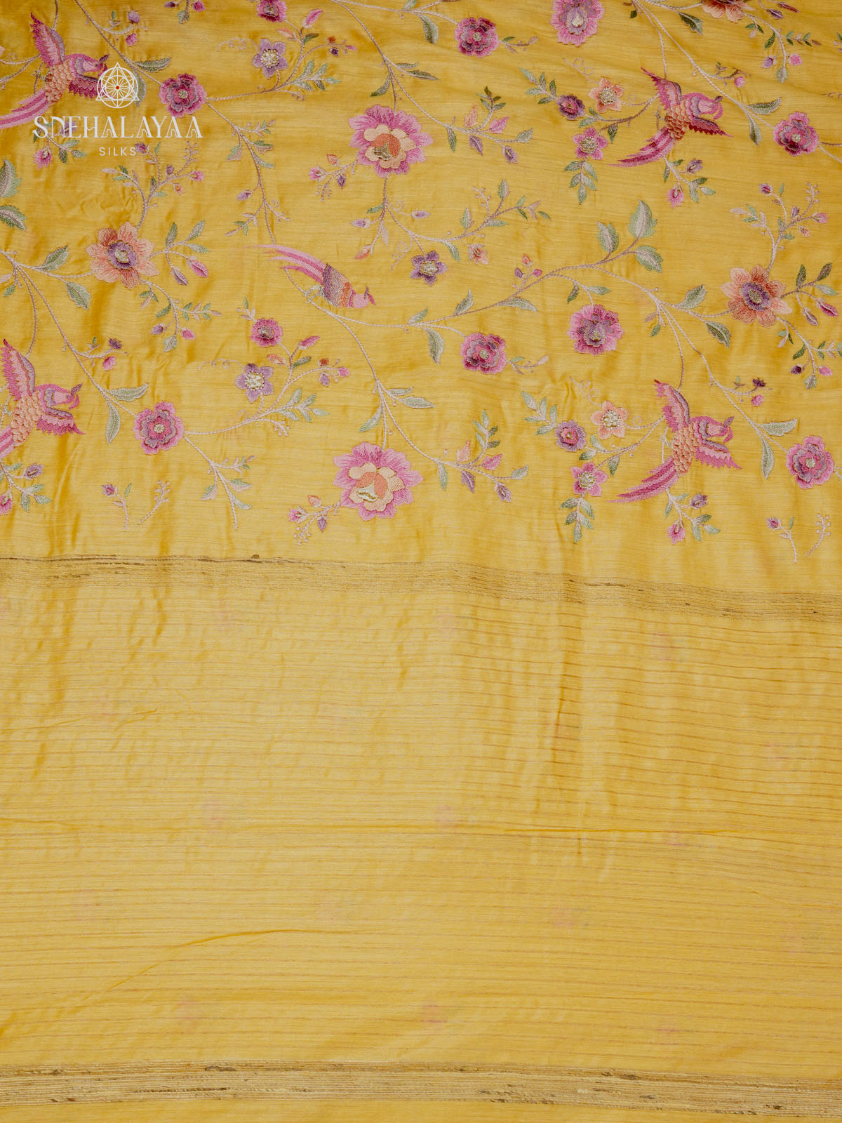 Yellow Munga Tussar Embroidery Saree