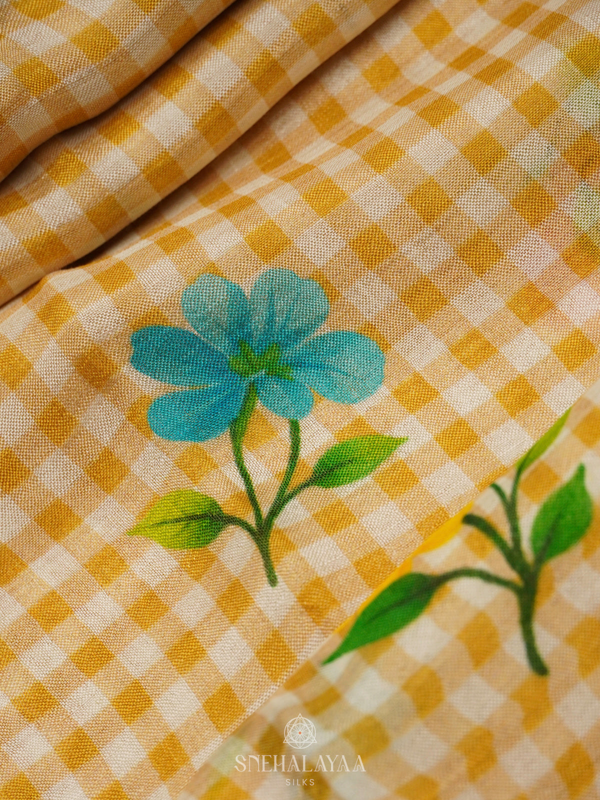 Yellow Checks Printed Mangalagiri Silk Saree