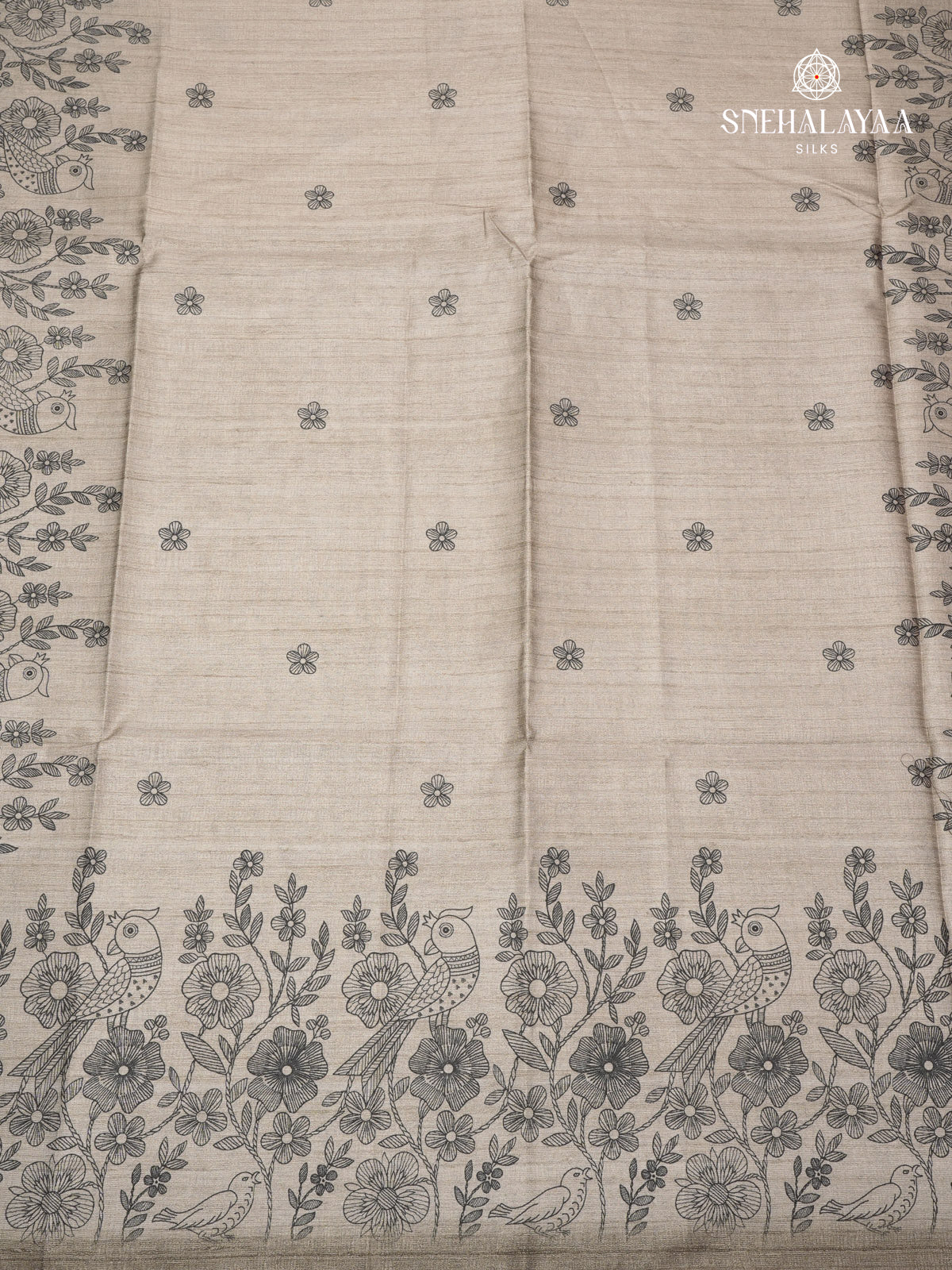 Grey Floral Printed Tussar Saree